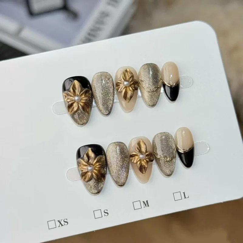 10개 고양이 눈 별 달 모양 가짜 손톱 팁 수제 짧은 붙이는 손톱 라인스톤 디자인 아몬드 풀커버 착용 가능한 인조 손톱