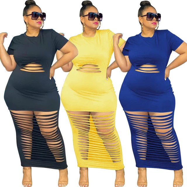 Plus Size 5xl Nightclub Style Women's Clothing Wholesale Sexy Fashion Solid  Color Hole Cut Short Sleevess Mid Waist Long Dress - AliExpress