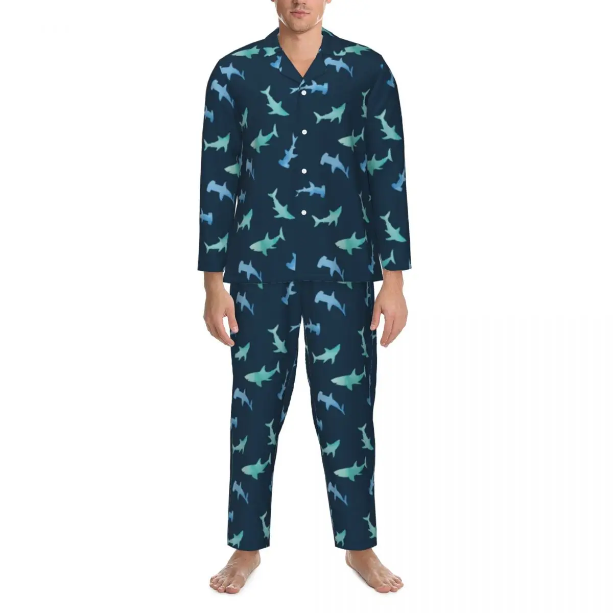 

Pajamas Men Watercolor Shark Home Sleepwear Nautical Swimming Sharks 2 Pieces Casual Pajama Set Long-Sleeve Oversized Home Suit