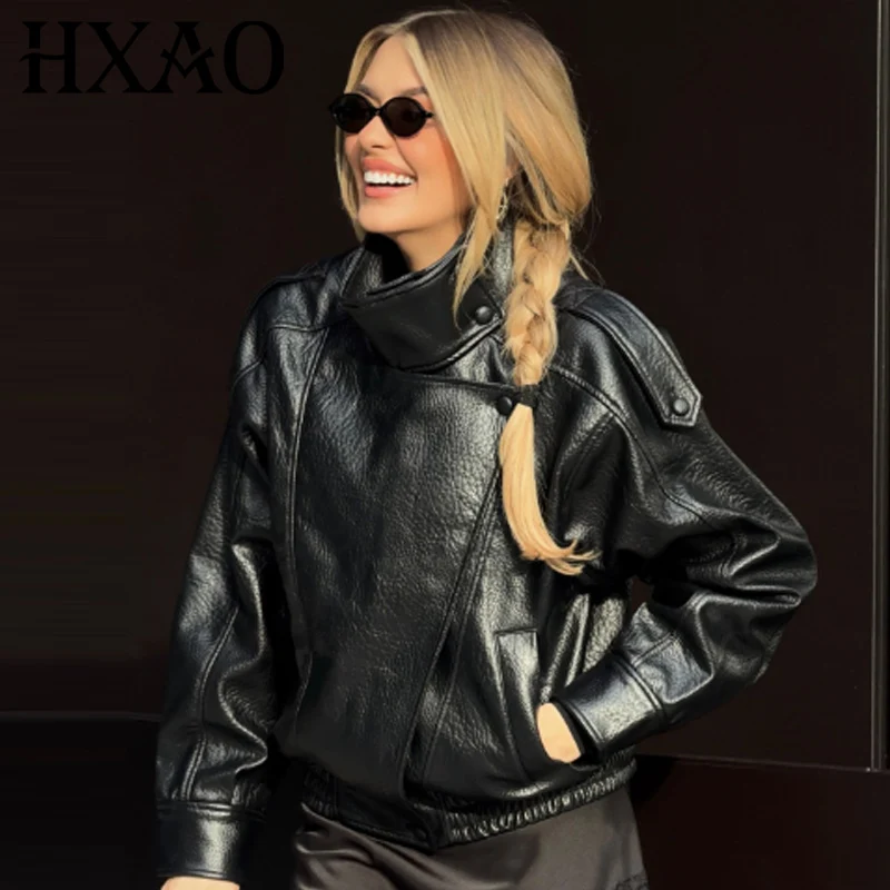 HXAO nouveauté femmes Bomber veste en cuir noir vestes recadrée surdimensionné vêtements d'extérieur fermeture éclair à manches longues manteaux veste extérieure
