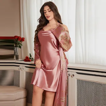 حجم كبير 3XL 4XL 5XL المرأة نايتي و رداء مجموعة مثير ثوب النوم طباعة طويلة البشكير الحمالة فستان النوم فضفاض الحرير الجليد ملابس المنزل 2