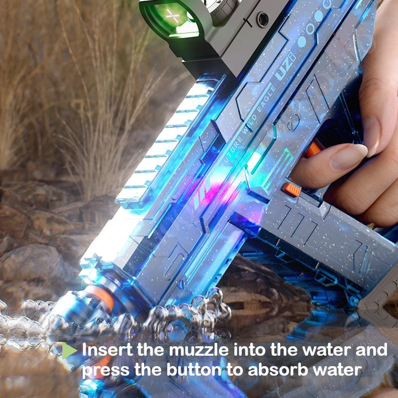 LED Electric UZI Water Pistol Toy Automatic Water Absorption Squirt Gun Rapid Fire Blaster Outdoor Beach Toys for Kids Boy