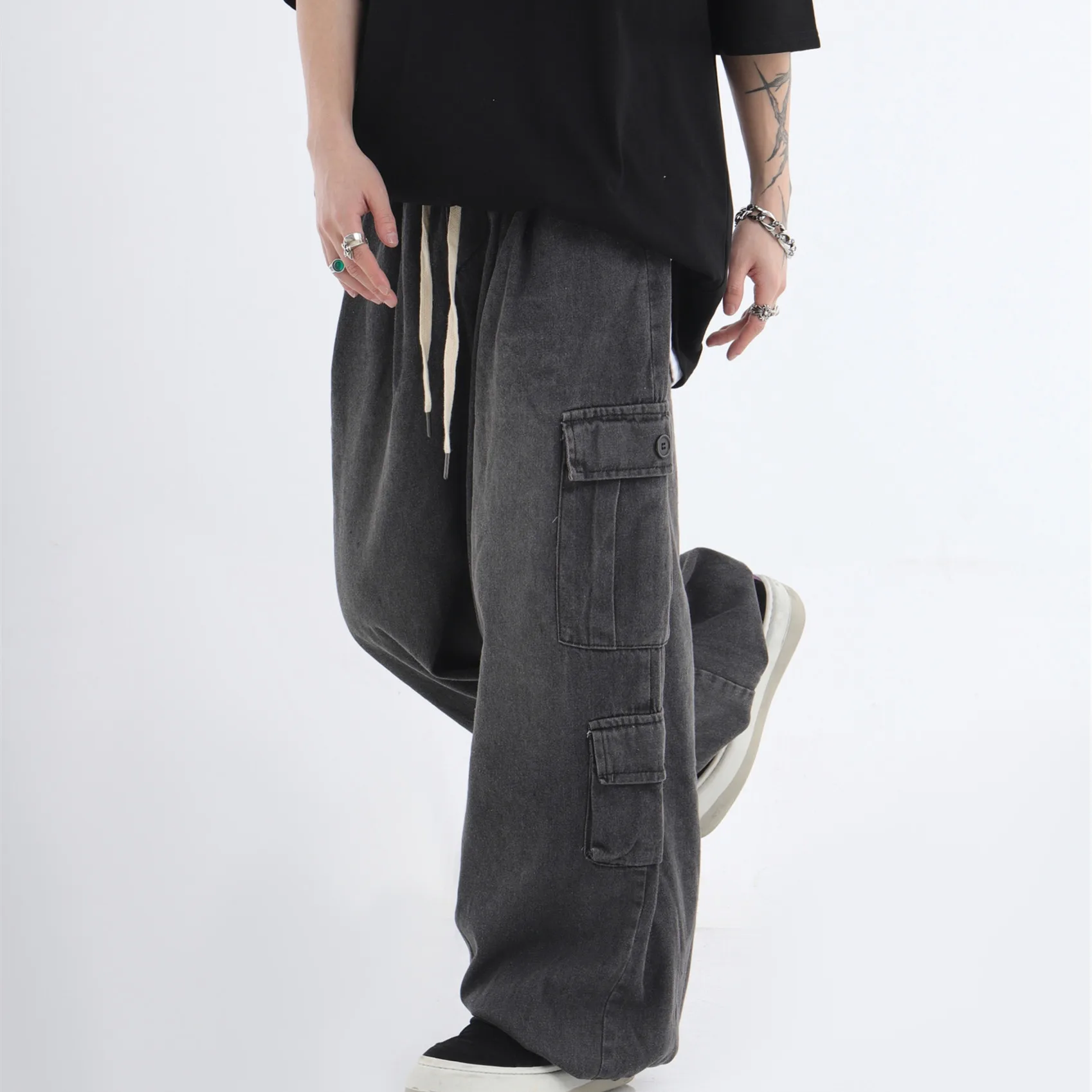HOUZHOU Baggy Cargo Jeans Men Oversize Wide Leg Denim Trousers Male Cargo Pants Japanese Casual Loose Streetwear Hip Hop
