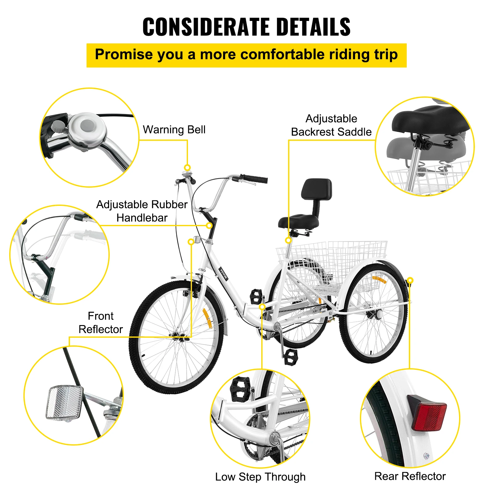 24 inch Folding Adult Tricycle 3 Wheel Trike Bike 1/7 Speed High-Carbon Steel Cargo Trailer Pet Cart Outdoor Travel