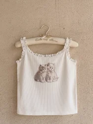 Adorable Lace Trim Cat Print Cropped Camisole for Girls - Kawaii Summer Fashion 2023 (White Crop Top)