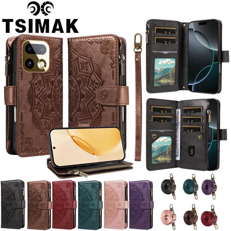 Elegant Leather Flip Phone Case with Zipper and 9-Card Wallet Embossing Design