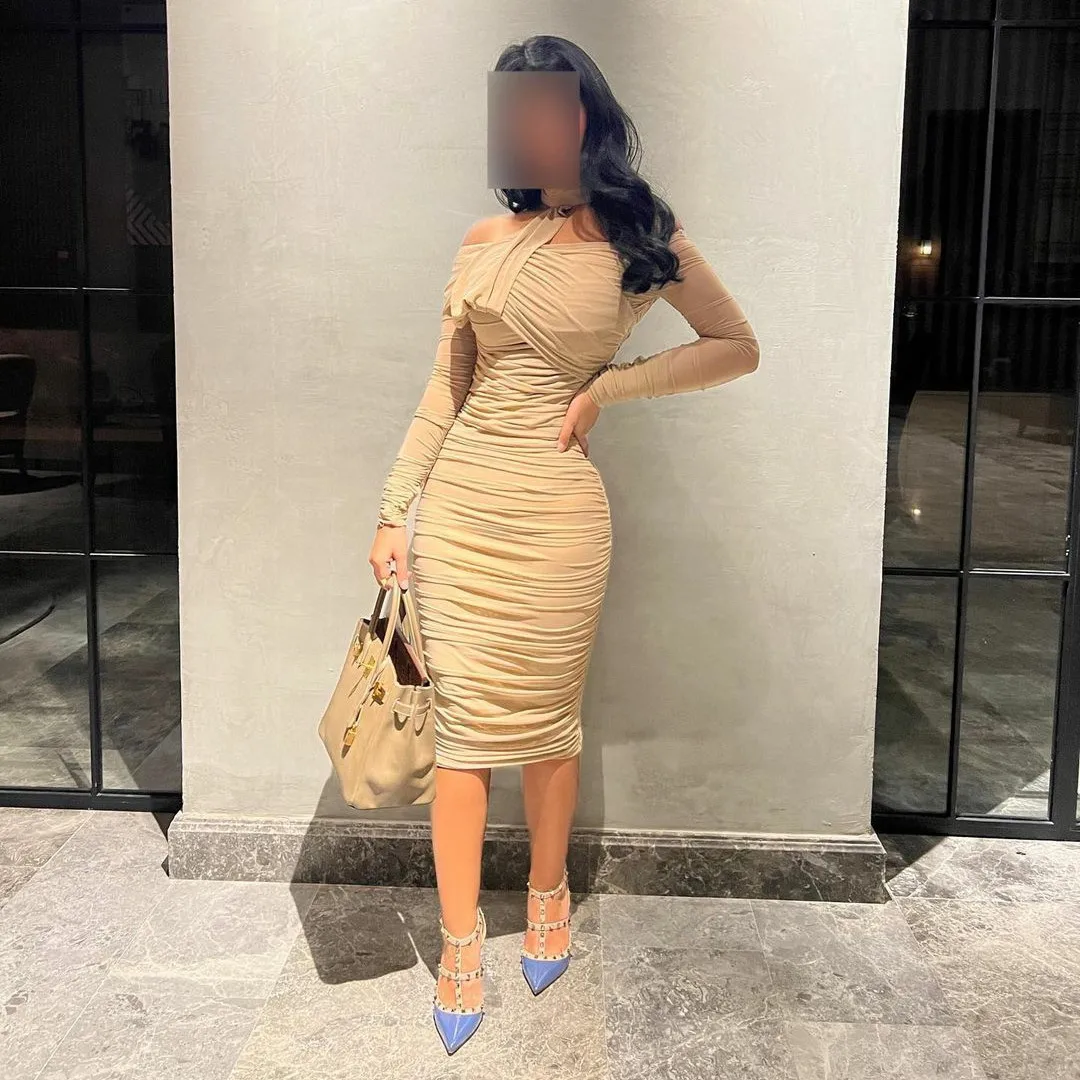 

Elegant Short Chiffon Halter Neck Evening Dresses Sheath Champagn Pleated Zipper Tea Length فساتين السهرة Prom Gowns for Women