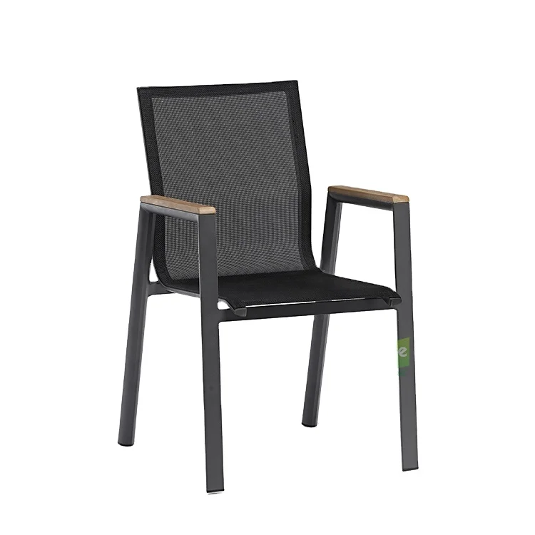 (E3042) Aluminum Metal Black Stackable Outdoor Patio Cafe Dining Chairs with Teak Armrests