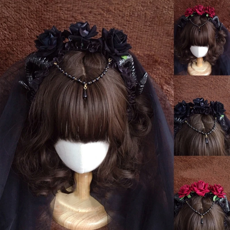

Rose Floral Headband Headpiece for Wedding Festival Gothic Headband Black Lace Hair Hoop for Halloween Costume
