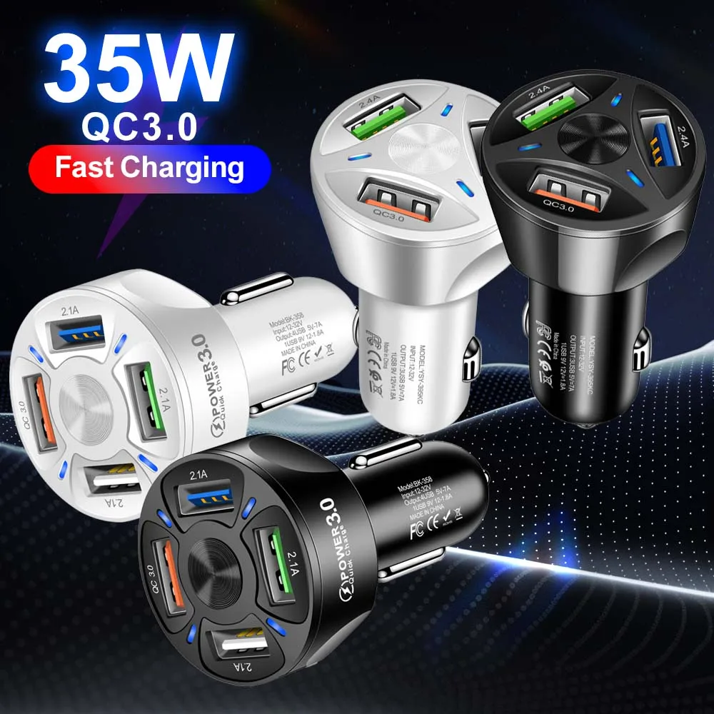 4USB QC3.0 Fast Charging Car Charger Mobile Phone Charger Wired Charging Pc Flame Resistant Material Car Charge