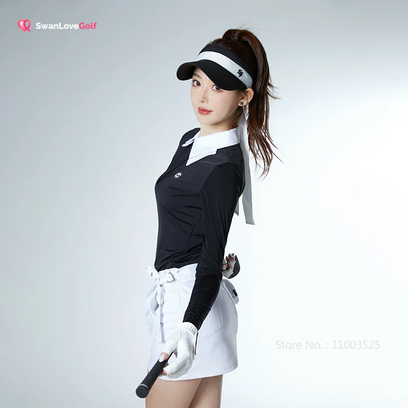SG Golf Clothing Women Lapel Long Sleeve Shirt Ladies Slim Sports Polo Tops High-waist Bowknot Short Skirt Pencil Golf Skorts