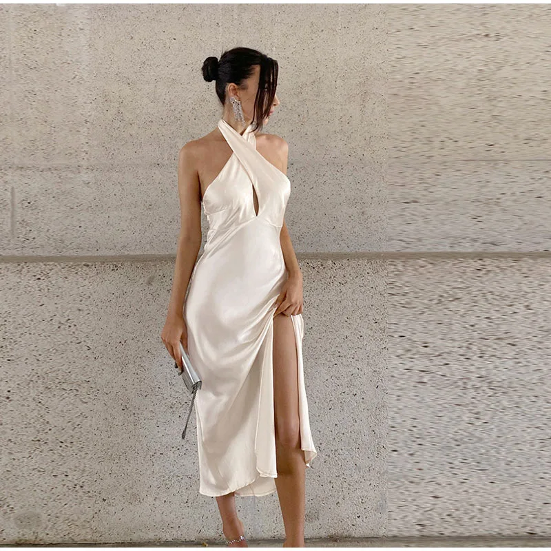 

Summer Sexy Slim White Satin Dress Ladies Halter Sleeveless Hollow Out Midi Dress Elegant Slit Party Prom Dresses for Women