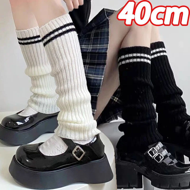 

Y2K Lolita Crochet Stockings Women Girls Striped Knit Leg Cover Warmer Heap Boot Cuffs Long Socks Sexy Black White Calf Legging