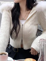 IAMSURE Sweet Furry Trim Hooded Knitted Cropped Cardigans Slim Zipper Long Sleeve Sweaters Women 2023 Autumn Winter Fashion Lady 1