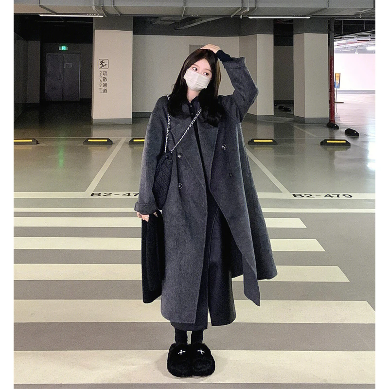 Lautaro Spring Autumn Extra Long Flowy Oversized Casual Trench Coat for Women Belt Double Breasted Loose Korean Fashion 2022