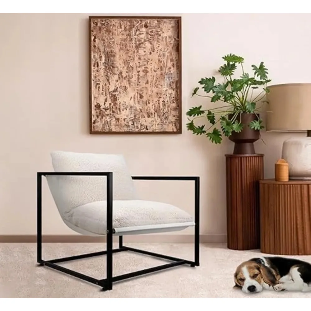 

Modern Accent Chairs, Living Room Chairs with Metal Frame and Upholstered, Lazy Arm Chair with White Boucle for Bedroom