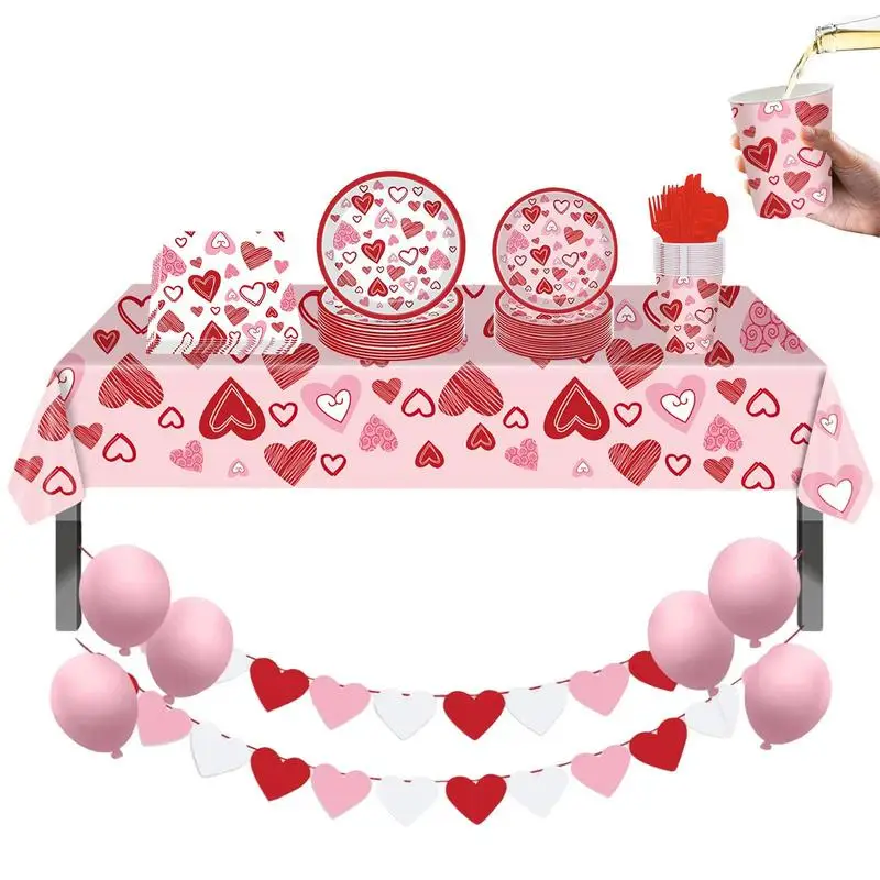 

Valentines Day Party Supplies Tableware Set Holiday Themed Paper Plates Napkins Table Cloth 16 Guests Serving Dessert Table