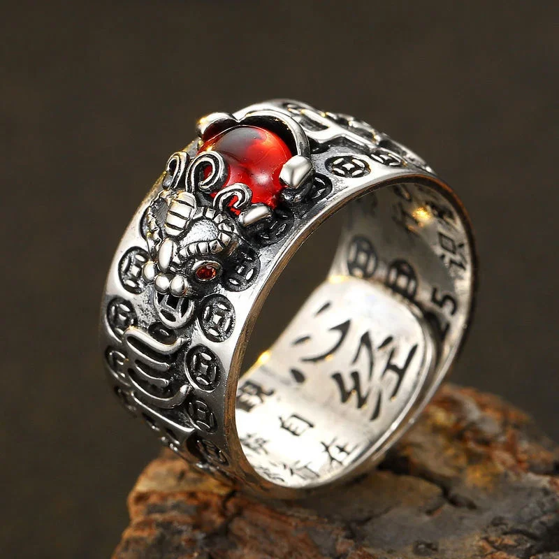 Elegant Red Garnet Heart Sutra Ring in Vintage Thai Silver and Rose Gold Jewelry
