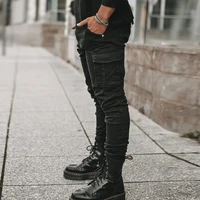 Men new Multi Pocket Small Slim High Street Jeans Male Fashion Casual Pencil Elasticity Denim Pants Wash Solid Vintage Trousers