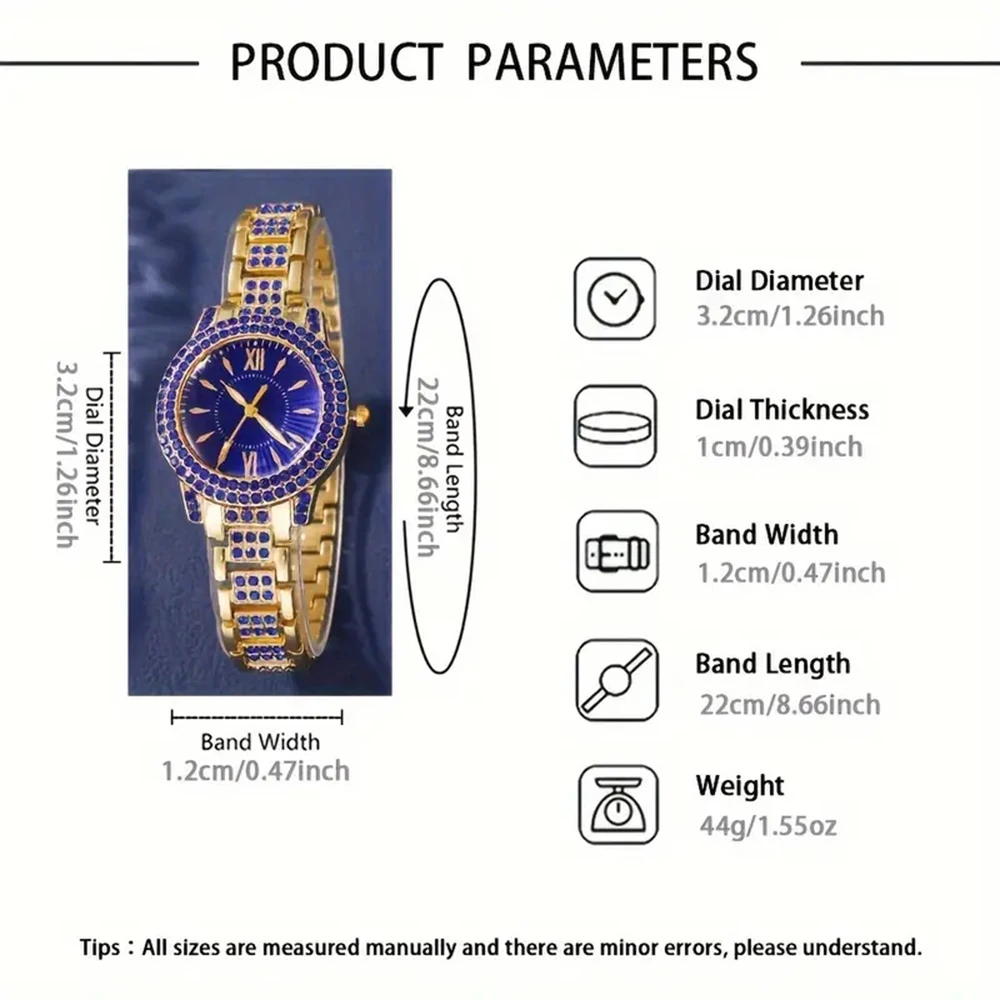 6PCS/Set Women's Blue Alloy Watch Strap Fashionable Rhinestone Quartz Watch Necklace Earrings Jewelry Set 5