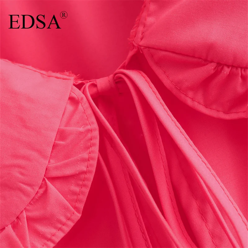EDSA 여성용 러플 셔츠, 피터팬 컬러 랜턴 슬리브, 활 버튼, 휴일용 스위트 소프트 탑, 2024 여름 블라우스