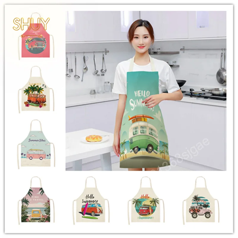 

Summer Bus Printing Kitchen Aprons for Women Waterproof Cooking Baking oil-proof Linen Antifouling Chef Apron Cleaning Delantal