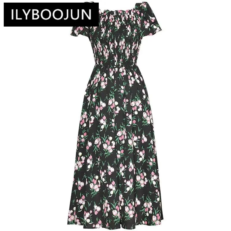 

ILYBOOJUN Fashion Designers Summer Woman's dress Square Collar Butterfly sleeve Folds Elastic waist Printed slim Dresses