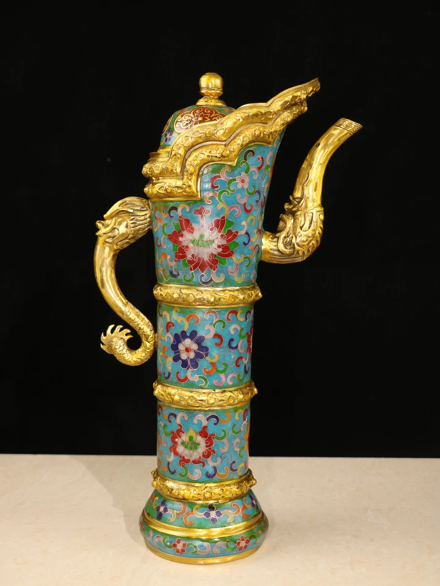 

15"Tibetan Temple Collection Old Bronze Cloisonne Gilded Dragon handle Pot Kettle Flagon Hidden teapot Worship Hall
