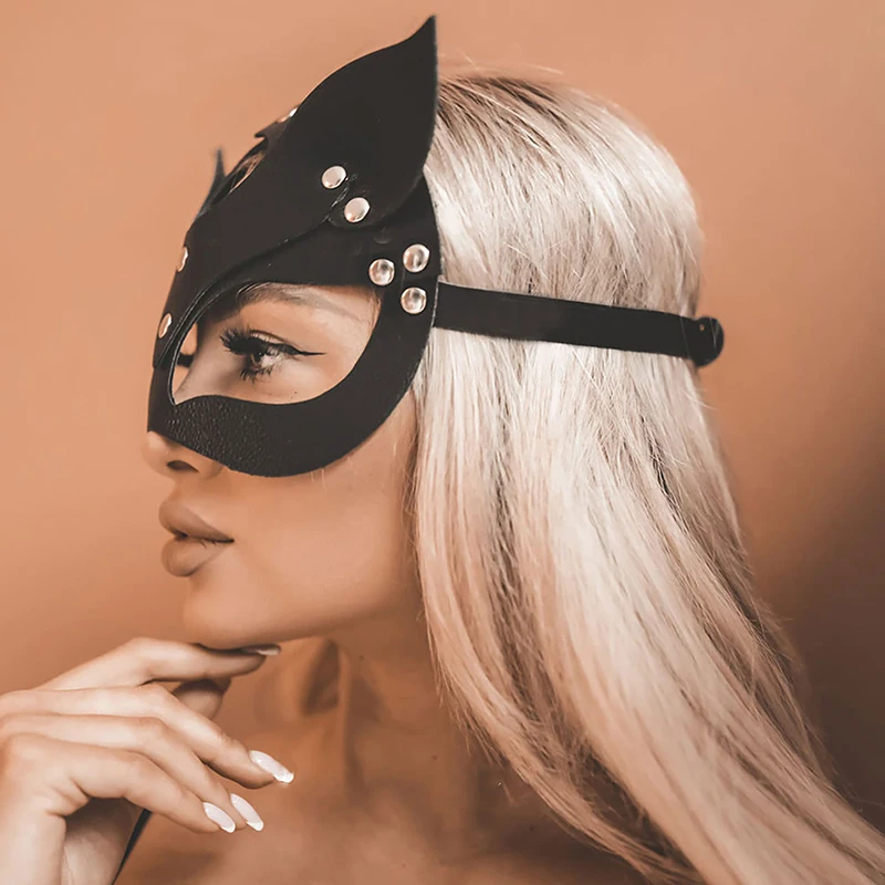 Donne Sexy Half Face Fox Cosplay Cat Leather Anime Mask con rivetto Punk Collar per Halloween Party Masquerade Ball Fancy Masks