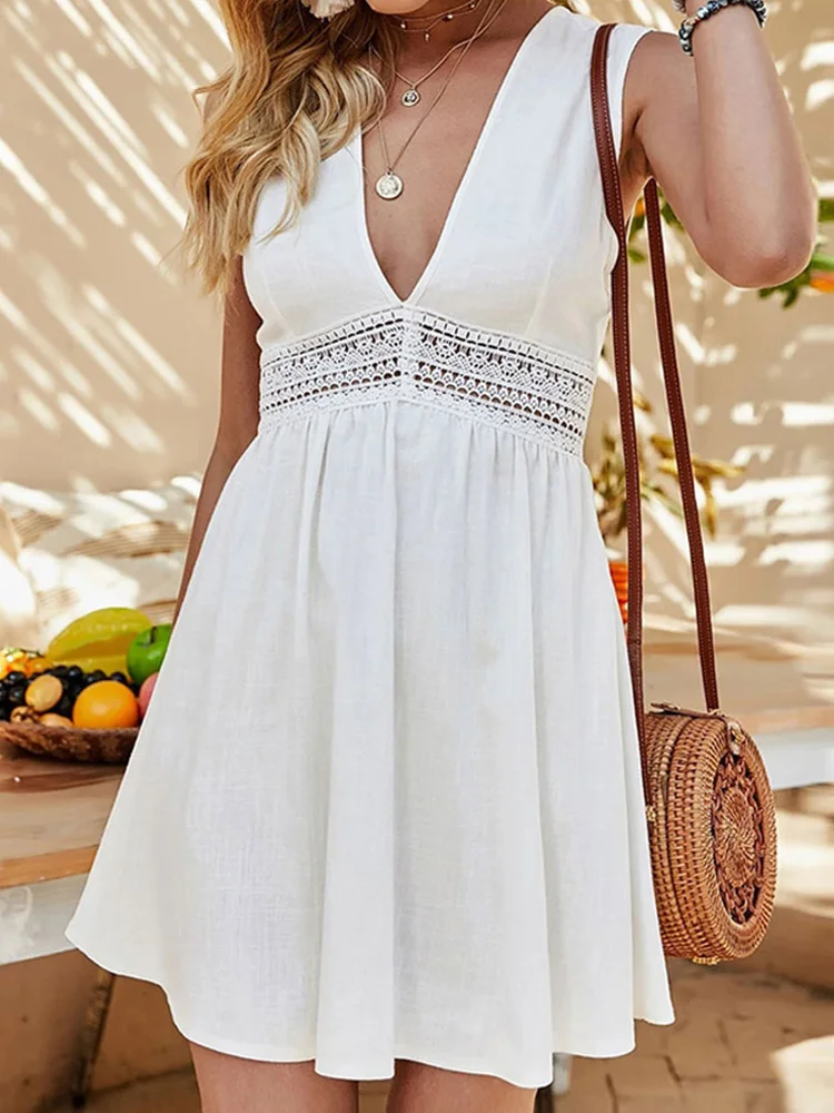 

Vintage Solid Color Dress Women Summer Sexy Deep V Neck Sleeveless Dress Fashion Casual Hollow Out High Waist Beach Mini Dress