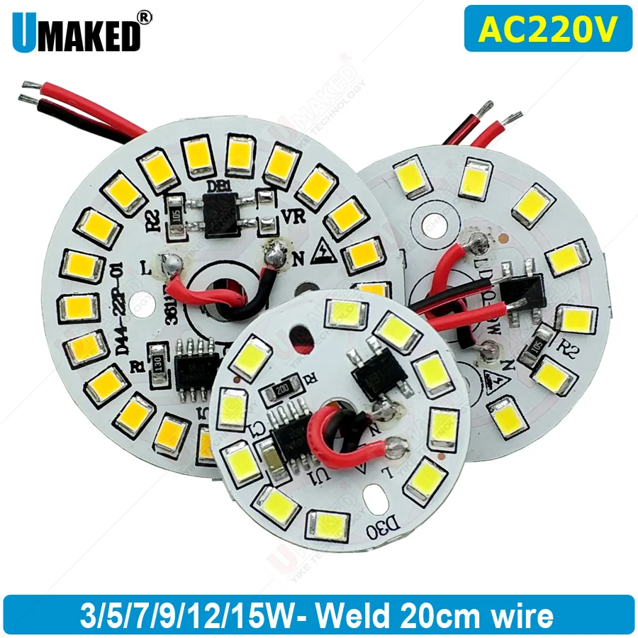10PCS 3W5W7W9W12W15W AC220v led pcb with integrated IC driver welded 15cm wire/JST driverless aluminum plate board diy for bulb