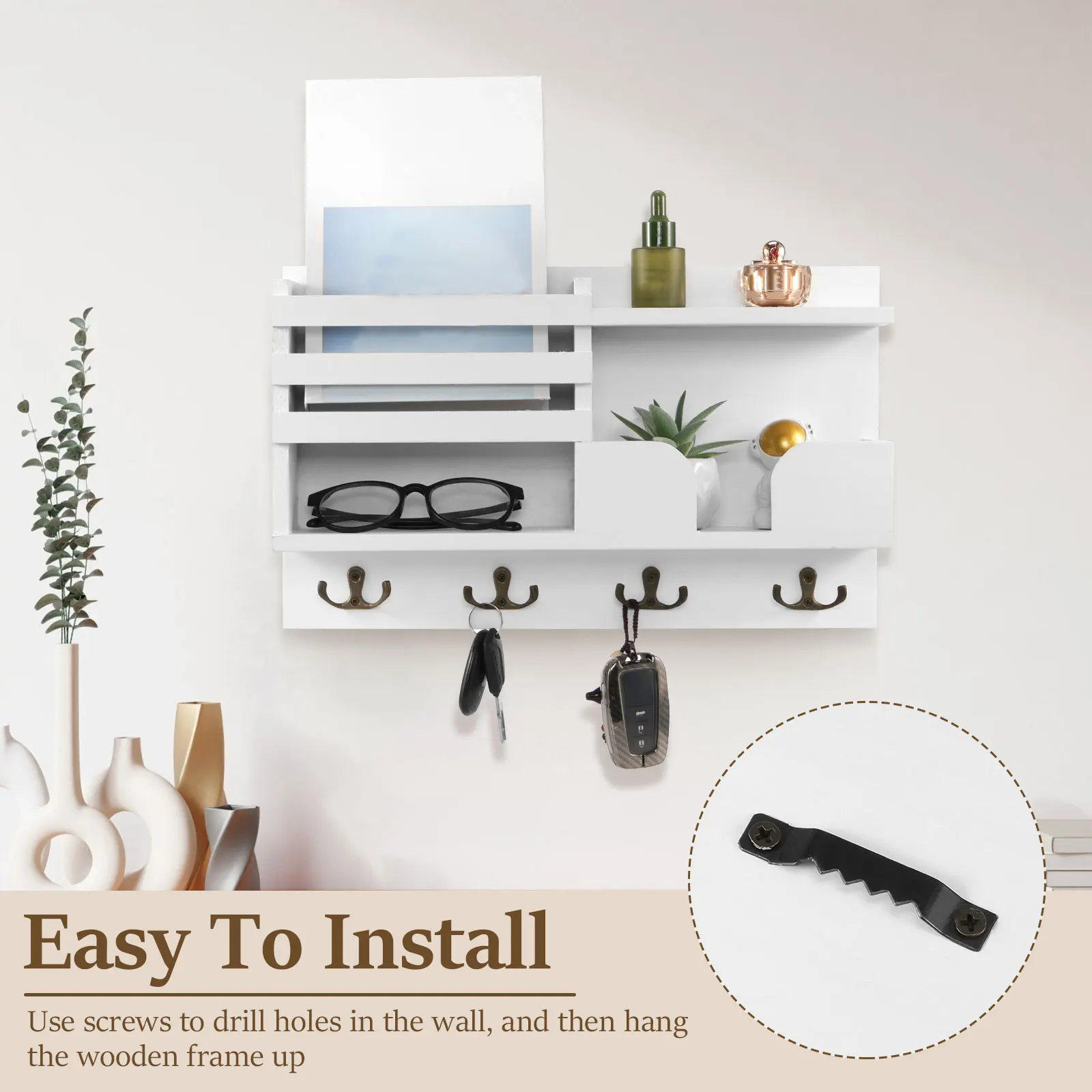Wood Mail and Key Organizer Multifunctional Mail and Key Rack Practical Mail and Key Shelf Wall Mounted Mail and Key Holder 6