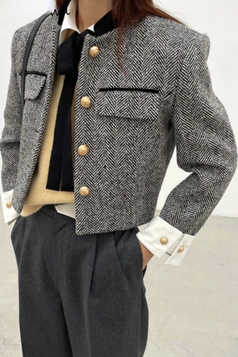 

Jackets for Women Metal Buttons Plaid Coat Vintage Crop Tops Short Outwear Mujer Tweed Korean Chic Temperament Coat