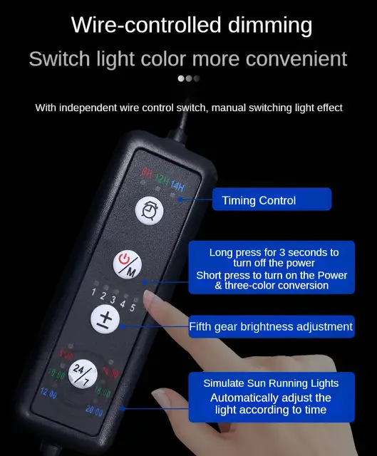 [Smart Aquarium Light] 24/7 Sunrise Sunset Mode Auto Dimming 3-Color Switch Aluminum Alloy Coral Tank Light 5
