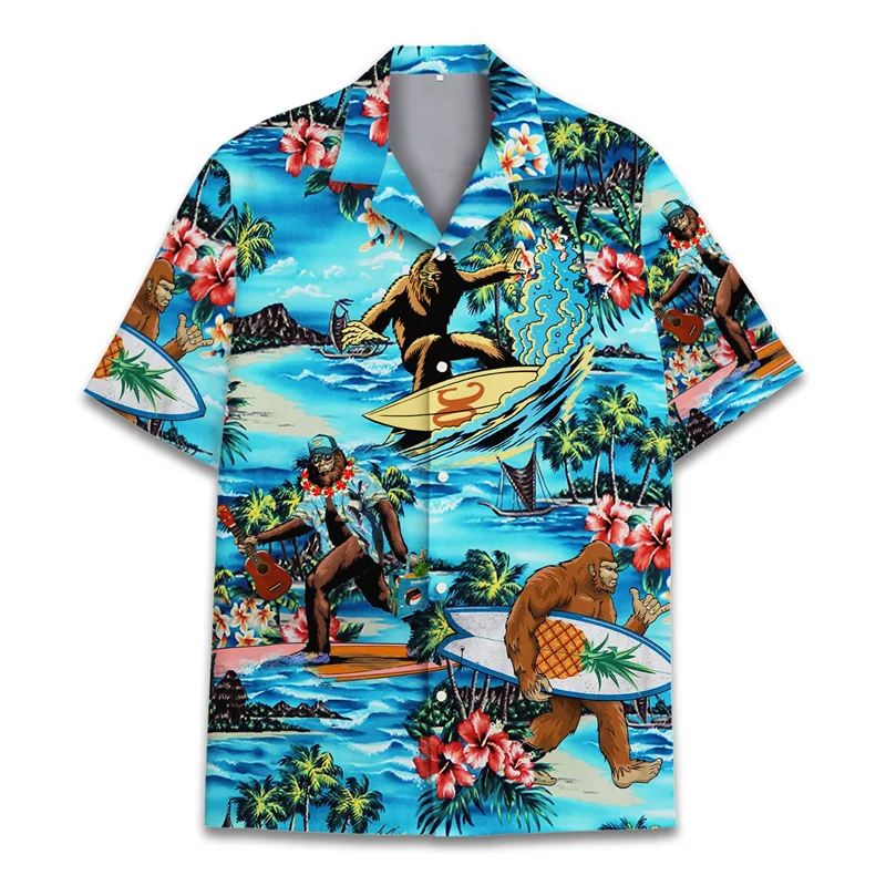 thumbnail image 1 of Camisa hawaiana con estampado 3D de mono y orangután para hombre, camisas de vacaciones de verano, camisas de manga corta con botones para la calle, la playa, el surf, Aloha, 1 of 5