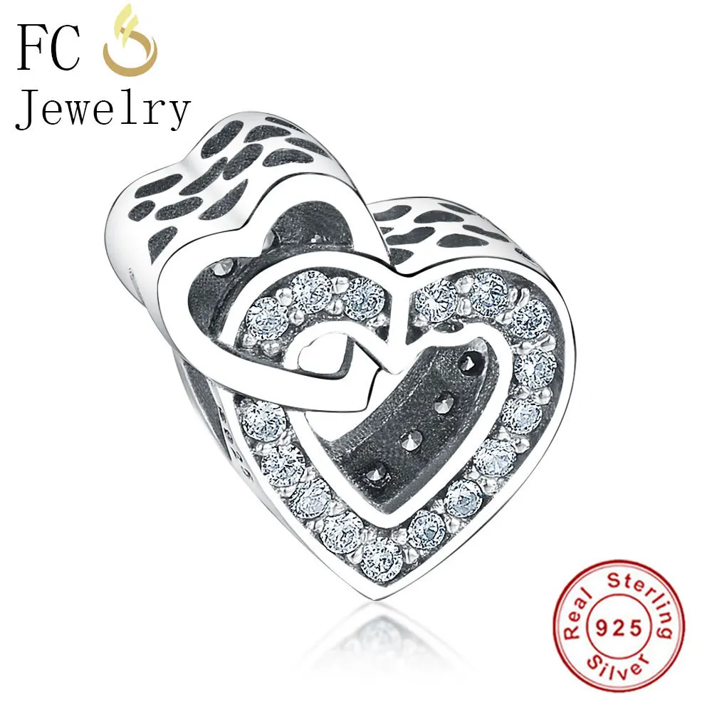 

FC Jewelry Fits Original Brand Charms Bracelets Authentic 925 Sterling Silver Two Hearts CZ Stone Crystal Beads Berloque 2018