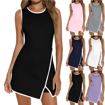 New Women Tennis Dress Summer Causal Workout Athletic Dresses O-Neck Sleeveless Fitted Slit Active Tank Dresses Built in Shorts