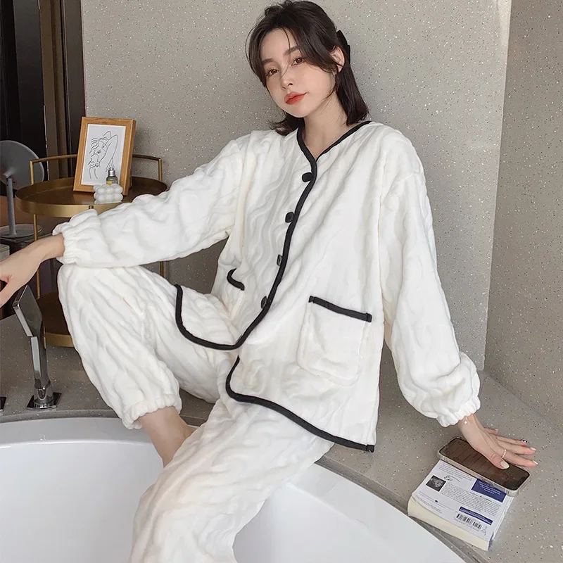 Pajamas for Women Winter Coral Velvet Warm Cardigan Velvet Thickening Plus Velvet Home Service Suit Pajamas Set Homewear пижама