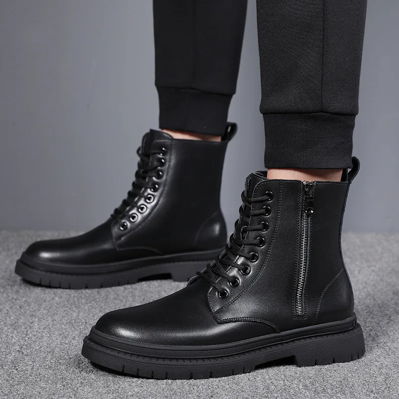 

England style men boots black stylish original leather shoes cowboy autumn winter boot handsome platform high motorcycle botas