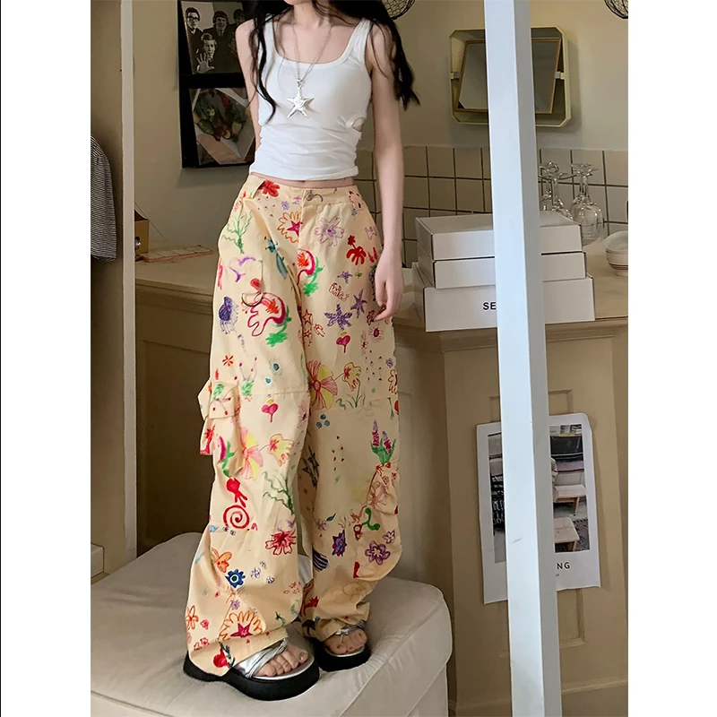

Y2K Graffiti Cargo Pants Women Baggy Trousers 2023 Summer Streetwear Hippie Oversized Pants Vintage Casual Loose Sweatpants
