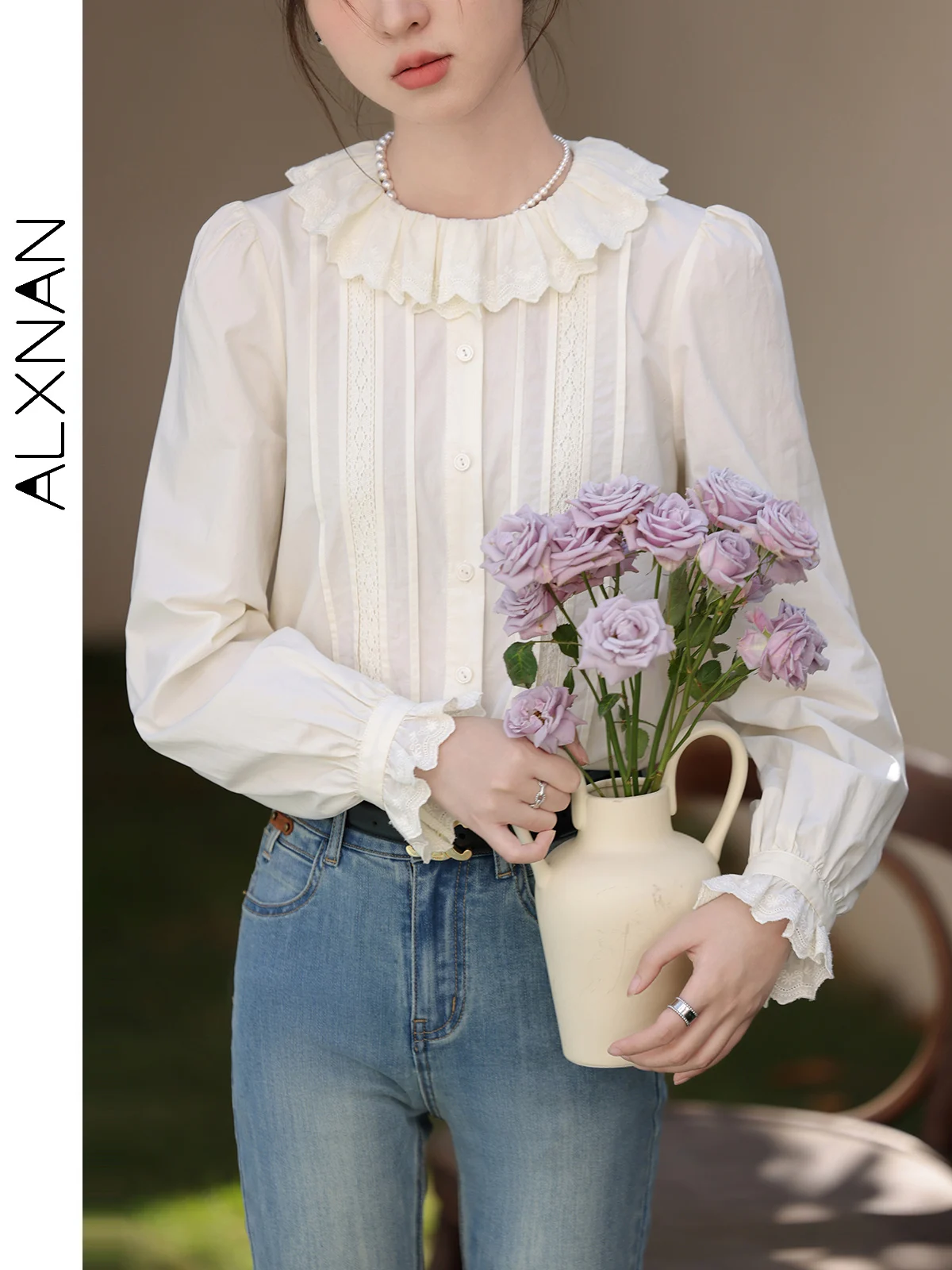 ALXNAN 여성용 캐주얼 루즈 단추 업 코튼 셔츠, 단색 단추 업 긴팔 블라우스 탑, 2024 용수철 여름, L33836