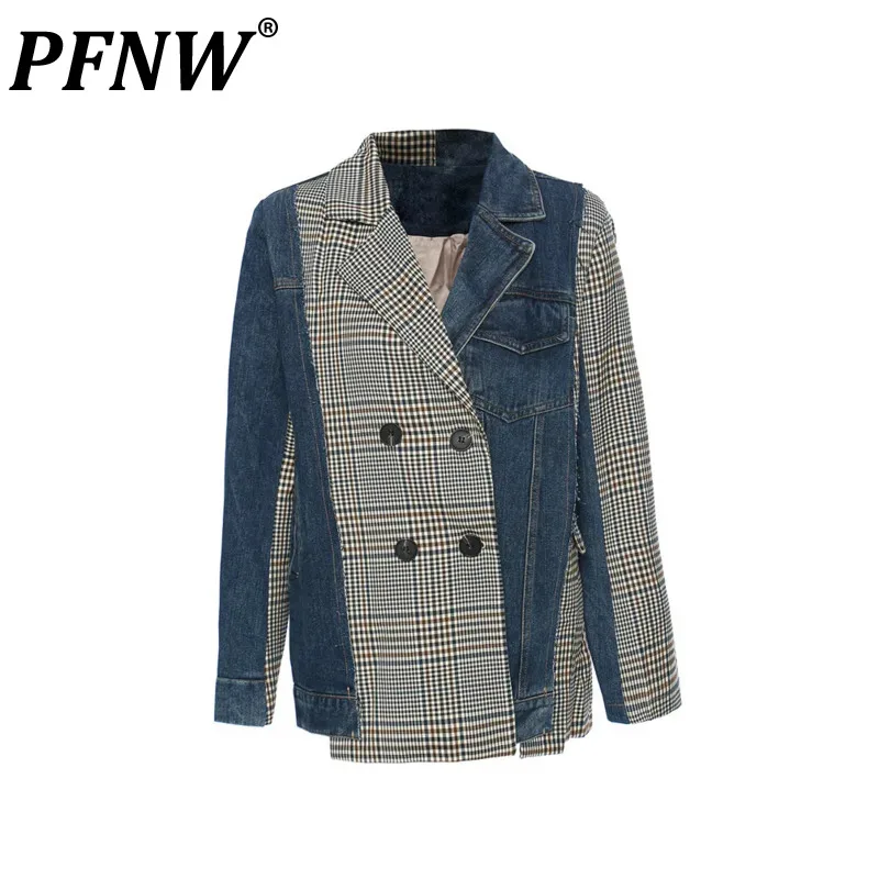

PFNW 2023 Men's New Tide Patchwork Personalized Irregular Plaid Denim Suit High Street Fashion Elegant Jackets Women 12Z4066