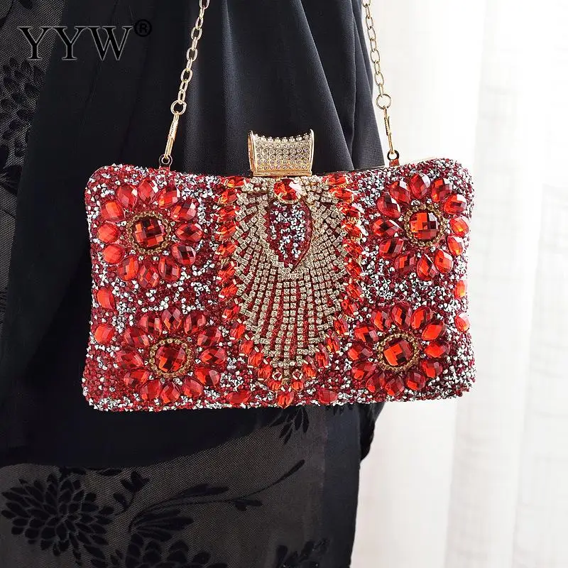 Luxury Rhinestone Beads Women Evening Handbag Bling Sequins Diamond Clutch Purse Lady Party Metal Chain Shoulder Messenger Bag