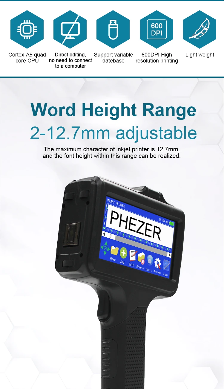 For Hp 12.7mm Portable P19 Handheld Inkjet Printer Three Colors Printer QR Bar