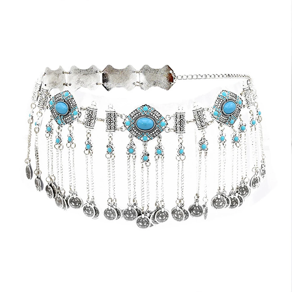 Gypsy Vintage Silver Long Tassel Coins Belly Chains Black Blue Acrylic Gem National Belts Turkiye Traditional Dress Body Jewelry