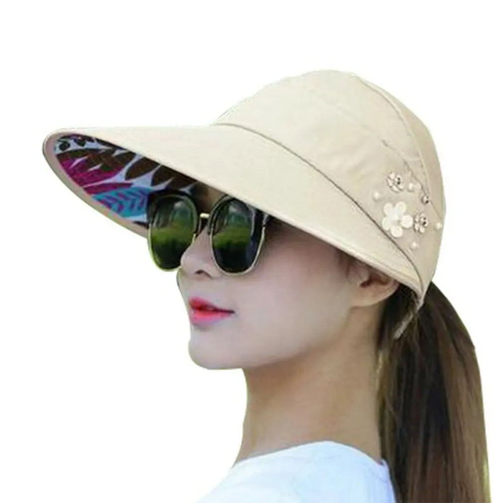 Dihope New Arrival UV Protection Women Summer Beach Sun Hats Pearl Packable Sun Visor Hat With Big Heads Wide Brim Female Cap