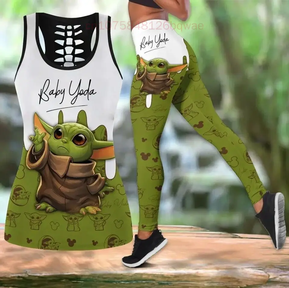 

Disney Baby Yoda Women's Hollow Vest + Women's Leggings Yoga Suit Fitness Leggings Sports Suit Disney Tank Top Legging Set