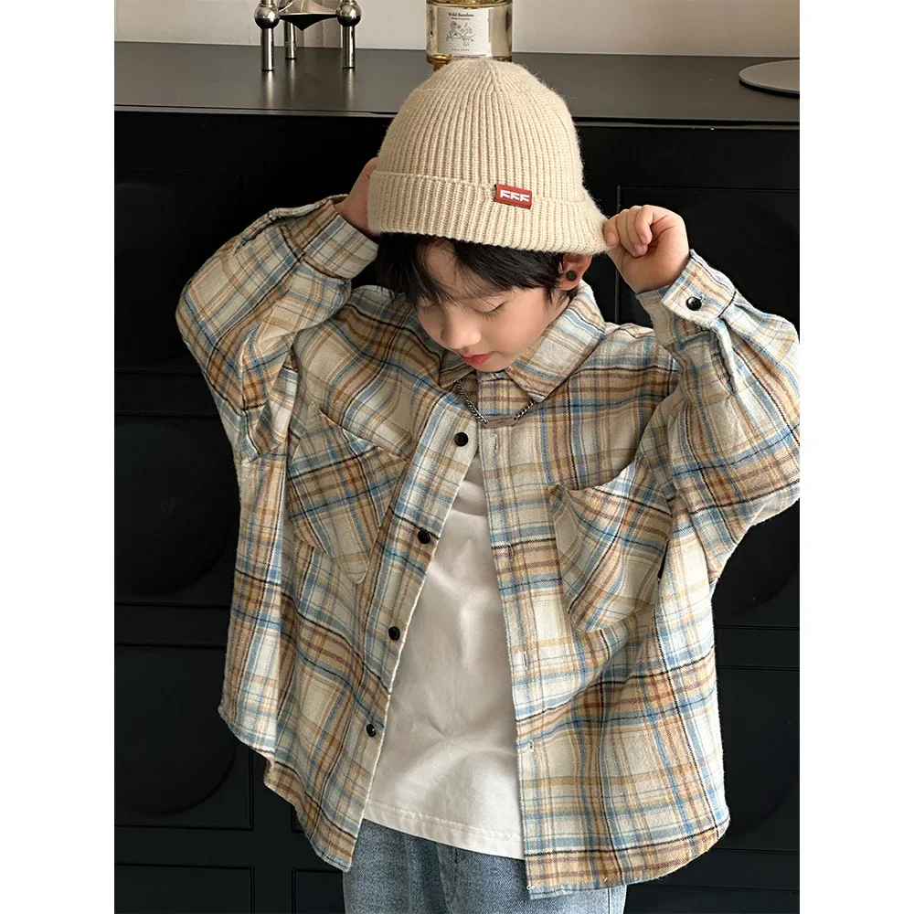 Trendy Plaid Long Sleeve Shirt for Boys Children's Clothing Spring Autumn Middle Large Children Boy's Shirt