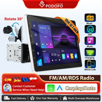 Podofo 10,1 "estéreo para coche pantalla giratoria solo Din Radio para coche soporte inalámbrico Carplay Android Auto FM/AM/RDS radio 1