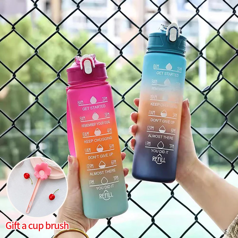 750/1000ML Sports Bottle Gradient Color Water Bottle with Time Scale Portable Outdoor Sport Drinking Cup Cycling Camp Water Cup
